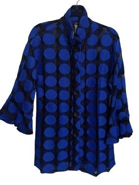 Ali Miles NWT Size X-Small Blue Black Circle Button Up Top Textured Artsy Sheer